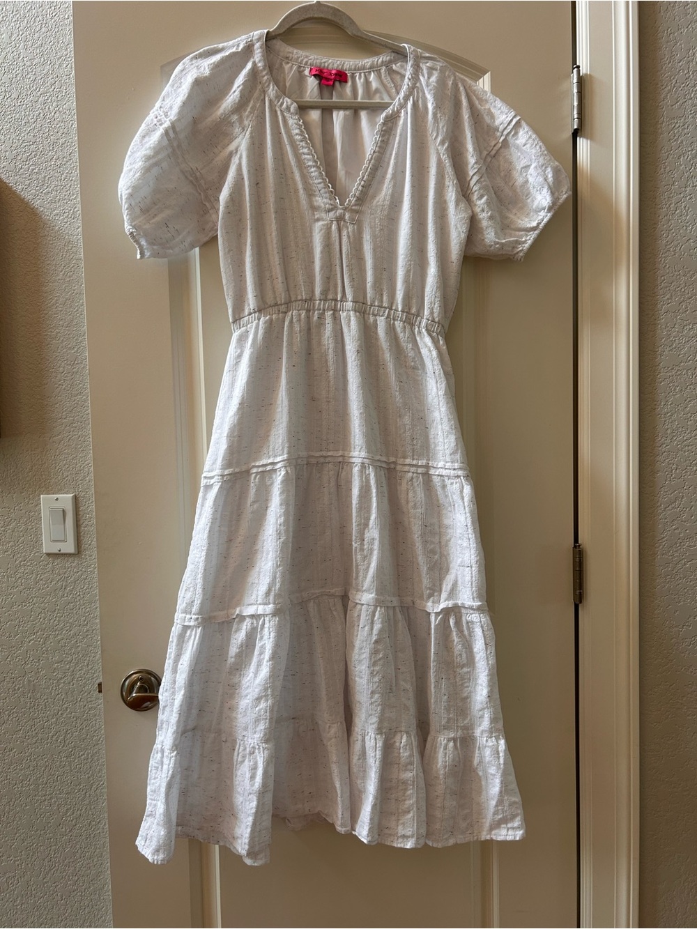 Betsey Johnson Spectator Cotton Puff Sleeve Midi Dress. Tiered woven Boho. EUC - Picture 2 of 10